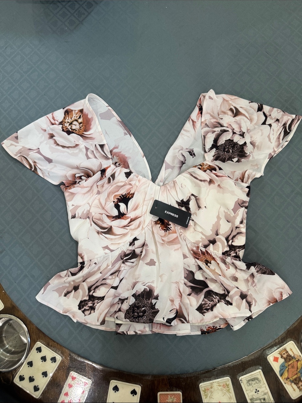 Express Pink and Cream Floral Peplum V-Neck Blouse